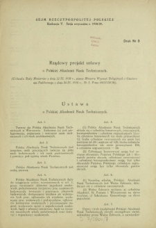 Rządowy projekt ustawy o Polskiej Akademii Nauk Technicznych. Druk Nr 8