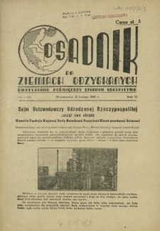 Osadnik na Ziemiach Odzyskanych : dwutygodnik poświęcony sprawom osadnictwa. R. 2, nr 3=13 (10 lutego 1947)