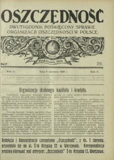 Oszczędność : tygodnik poświęcony sprawie organizacji oszczędności w Polsce. R. 2, nr 29 (7 sierpnia 1926)