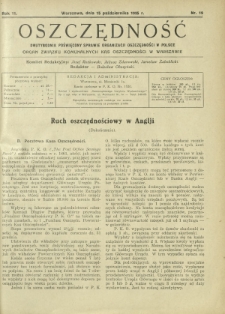 Oszczędność : dwutygodnik poświęcony sprawie organizacji oszczędności w Polsce. R. 11, nr 19 (15 października 1935)