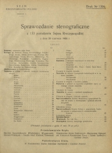 Sprawozdanie Stenograficzne z 133 Posiedzenia Sejmu Rzeczypospolitej z dnia 20 czerwca 1924 r. (I Kadencja 1922-1927)