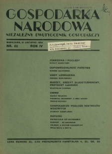 Gospodarka Narodowa : niezależny dwutygodnik gospodarczy. R. 4, nr 22 (15 listopad 1934)