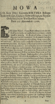Mowa J. O. Xcia JMci Kajetana Sołtyka Biskupa Krakowskiego, Xsiążęcia Siewierskiego, na Seymie Ordynaryinym Warszawskim miana. Dnia 20. Novembris 1766