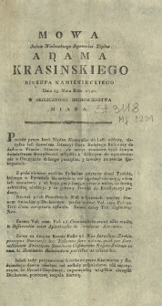 Mowa Jaśnie Wielmożnego Jegomości Xsiędza Adama Krasinskiego Biskupa Kamienieckiego Dnia 25. Maia Roku 1790. W Okolicznosci Duchowienstwa Miana