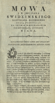 Mowa J. W. Jmci Pana Swidzinskiego Kasztelana Radomskiego : Dnia 23. Wrzesnia 1776. Na Seymie Warszawskim Pod Konfederacyą Agitowanym Miana