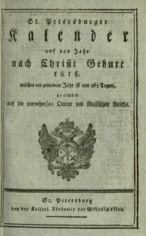 St. Petersburger Kalender auf das Jahr nach Christi Geburt 1818