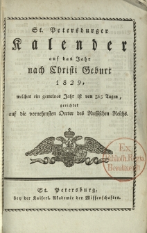 St. Petersburger Kalender auf das Jahr nach Christi Geburt 1829