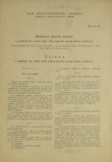 Rządowy projekt ustawy o zasiłkach dla rodzin osób, odbywających czynną służbę wojskową. Druk Nr 116 [Dodatek do] : Sprawozdanie Stenograficzne z ... Posiedzenia Sejmu Rzeczypospolitej z dnia ... (V Kadencja 1938-1939)