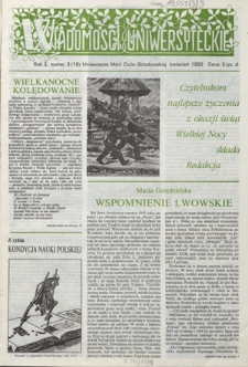 Wiadomości Uniwersyteckie / Uniwersytet Marii Curie-Skłodowskiej R. 3, nr 3=19 (kwiecień 1993)