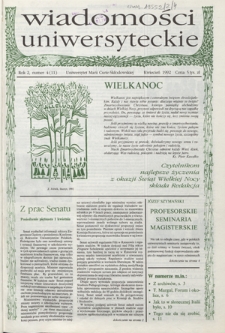 Wiadomości Uniwersyteckie / Uniwersytet Marii Curie-Skłodowskiej R. 2, nr 4=11 (kwiecień 1992)
