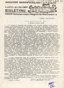 Dodatek Nadzwyczajny Biuletynu Infromacyjnego "Solidarność" Region Środkowo-Wschodni Nr 11 (12 stycz. 1981)