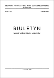 Biuletyn Biblioteki Uniwersytetu Marii Curie-Skłodowskiej w Lublinie. R. 10 (1962) nr 1