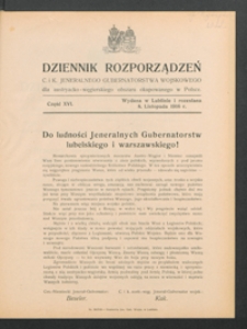 Dziennik Rozporządzeń c. i k. Jeneralnego Gubernatorstwa Wojskowego dla Austryacko-Węgierskiego Obszaru Okupowanego w Polsce 1916, Cz. 16 (8 list.)