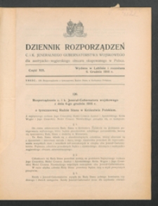 Dziennik Rozporządzeń c. i k. Jeneralnego Gubernatorstwa Wojskowego dla Austryacko-Węgierskiego Obszaru Okupowanego w Polsce 1916, Cz. 19 (6 grudz.)