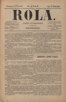 Rola : pismo tygodniowe / pod redakcyą Jana Jeleńskiego. R. 2, nr 37 (1 (13) września 1884)