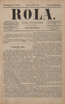 Rola : pismo tygodniowe / pod redakcyą Jana Jeleńskiego. R. 4, nr 52 (13 (25) grudnia 1886)