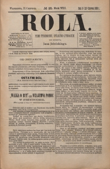 Rola : pismo tygodniowe, społeczno-literackie / pod red. Jana Jeleńskiego R. 8, Nr 25 (9/21 czerwca 1890)