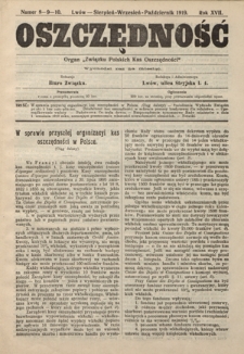 Oszczędność: organ Związku Polskich Kas Oszczędności: wychodzi raz na miesiąc R. 17, nr 8-9-10 (sierpień-wrzesień-październik 1919)