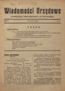 Wiadomości Urzędowe Zarządu Miejskiego w R&oacute;wnem. R. 1, nr 2 (27 luty 1936)