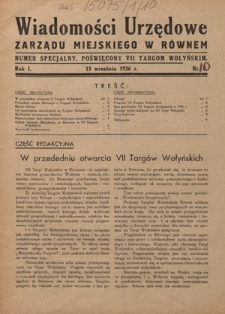 Wiadomości Urzędowe Zarządu Miejskiego w R&oacute;wnem. R. 1, nr 10 (13 września 1936)
