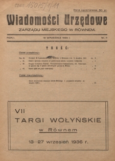 Wiadomości Urzędowe Zarządu Miejskiego w R&oacute;wnem. R. 1, nr 11 (19 września 1936)