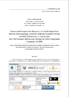 Status and prospects for research on Polish opposition parties and groupings, and their attitude towards policies of Polish authorities, in connection with the situation before and during the Polish September Campaign of 1939