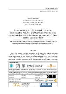 Status and prospects for research on policial-administrative activities of Lithuanian authorities with regard to Poland and Polish population since mid-October 1938 till December 1939