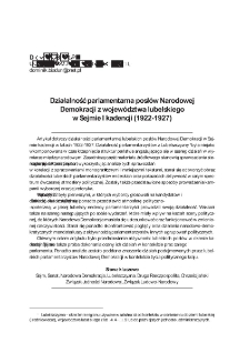 Działalność parlamentarna posł&oacute;w Narodowej Demokracji z wojew&oacute;dztwa lubelskiego w Sejmie I kadencji (1922-1927)