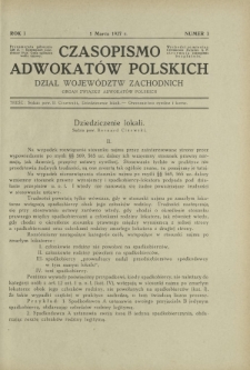 Czasopismo Adwokat&oacute;w Polskich : Dział Wojew&oacute;dztw Zachodnich : organ Związku Adwokat&oacute;w Polskich. R. 1, nr 3 (1 marca 1927)