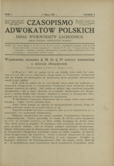 Czasopismo Adwokat&oacute;w Polskich : Dział Wojew&oacute;dztw Zachodnich : organ Związku Adwokat&oacute;w Polskich. R. 1, nr 5 (1 maja 1927)