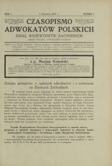 Czasopismo Adwokat&oacute;w Polskich : Dział Wojew&oacute;dztw Zachodnich : organ Związku Adwokat&oacute;w Polskich. R. 1, nr 6 (1 czerwca 1927)