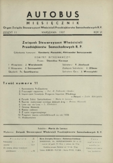 Autobus : organ Związku Stowarzyszeń Właścicieli Przedsiębiorstw Samochodowych R. P. / red. Maria de Lavaux. R. 6 [i.e. 7], z. 11 (1937)