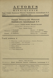 Autobus : organ Związku Stowarzyszeń Właścicieli Przedsiębiorstw Samochodowych R. P. / red. Maria de Lavaux. R. 7 [i.e. 8], z. 4 (1938)