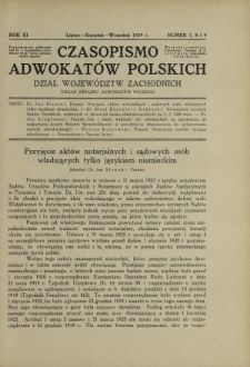 Czasopismo Adwokat&oacute;w Polskich : Dział Wojew&oacute;dztw Zachodnich : organ Związku Adwokat&oacute;w Polskich. R. 3, nr 7, 8 i 9 (lipiec-sierpień-wrzesień 1929)