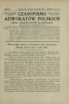 Czasopismo Adwokat&oacute;w Polskich : Dział Wojew&oacute;dztw Zachodnich : organ Związku Adwokat&oacute;w Polskich. R. 3, nr 10, 11 i 12 (październik-listopad-grudzień 1929)