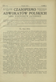 Czasopismo Adwokat&oacute;w Polskich : Dział Wojew&oacute;dztw Zachodnich : organ Związku Adwokat&oacute;w Polskich. R. 7, nr 1 (styczeń 1933)