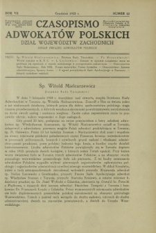 Czasopismo Adwokat&oacute;w Polskich : Dział Wojew&oacute;dztw Zachodnich : organ Związku Adwokat&oacute;w Polskich. R. 7, nr 12 (grudzień 1933)