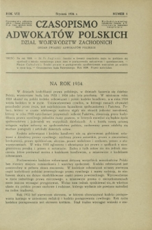 Czasopismo Adwokat&oacute;w Polskich : Dział Wojew&oacute;dztw Zachodnich : organ Związku Adwokat&oacute;w Polskich. R. 8, nr 1 (styczeń 1934)