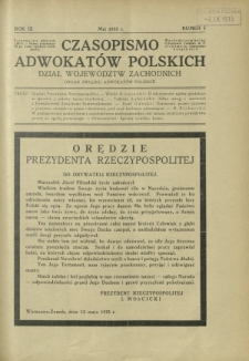 Czasopismo Adwokat&oacute;w Polskich : Dział Wojew&oacute;dztw Zachodnich : organ Związku Adwokat&oacute;w Polskich. R. 9, nr 5 (maj 1935)