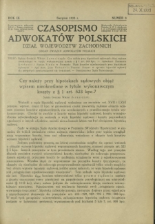 Czasopismo Adwokat&oacute;w Polskich : Dział Wojew&oacute;dztw Zachodnich : organ Związku Adwokat&oacute;w Polskich. R. 9, nr 8 (sierpień 1935)