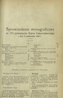 Sprawozdanie Stenograficzne z 173 Posiedzenia Sejmu Ustawodawczego z dnia 15 października 1920 r.
