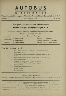 Autobus : organ Związku Stowarzyszeń Właścicieli Przedsiębiorstw Samochodowych R. P. / red. Maria de Lavaux. R. 7 [i.e. 8], z. 5 (1938)
